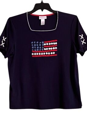 Alfred Dunner Navy Blue Top Women’s XL with USA Flag Embellishment Short Sleeves